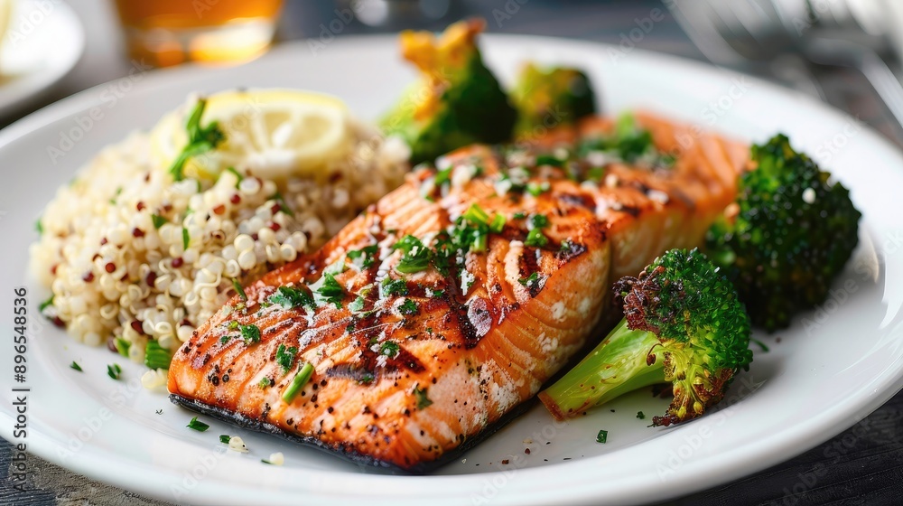 A plate of grilled salmon served with a side of steamed broccoli and quinoa.
