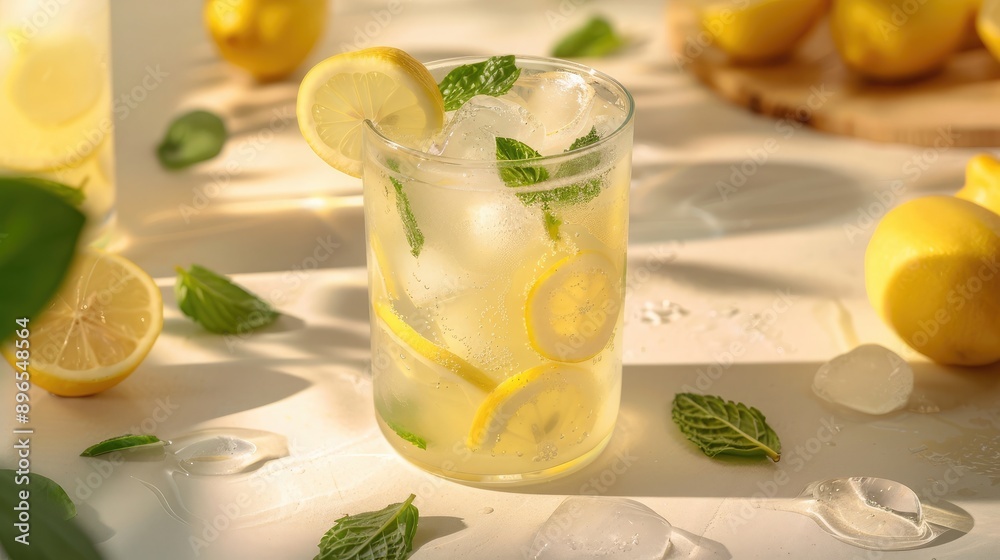 A refreshing glass of homemade lemonade with lemon slices and mint leaves. A refreshing glass of homemade lemonade with lemon slices and mint leaves.