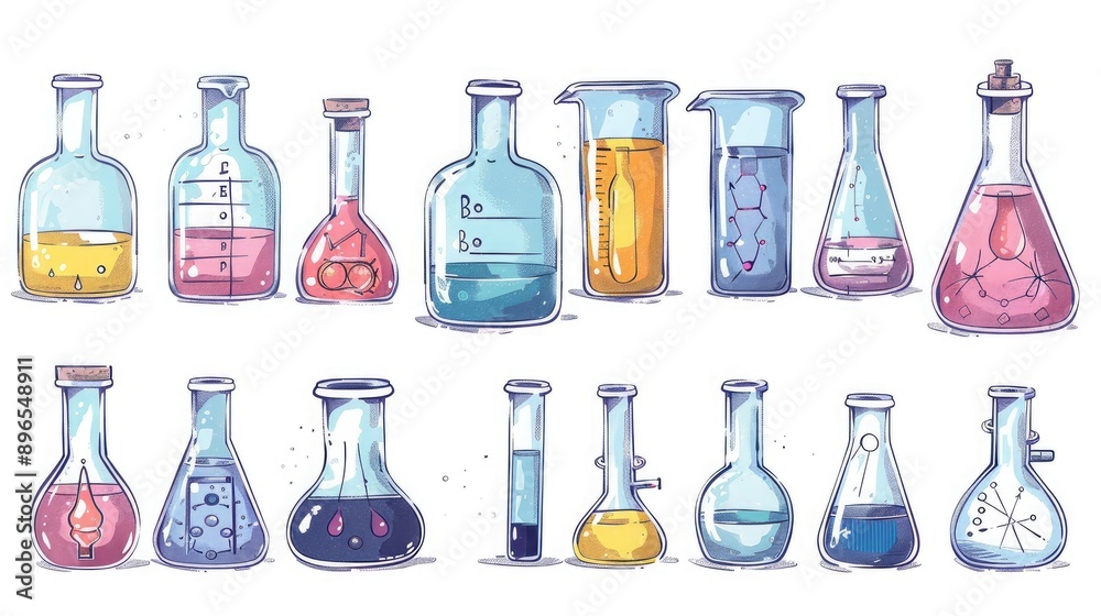 A set of lab flasks with different chemical compounds and labels.