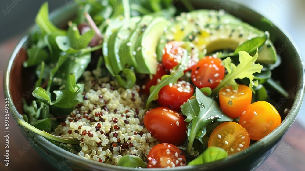 A vibrant salad bowl filled with mixed greens, cherry tomatoes, avocado, and quinoa, topped with a light vinaigrette. A vibrant salad bowl filled with mixed greens, cherry tomatoes, avocado, and quinoa, topped with a light vinaigrette.