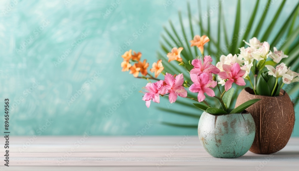 Vibrant flowers in decorative pots against a turquoise background, adding colorful charm to any space. Vibrant flowers in decorative pots against a turquoise background, adding colorful charm to any space.