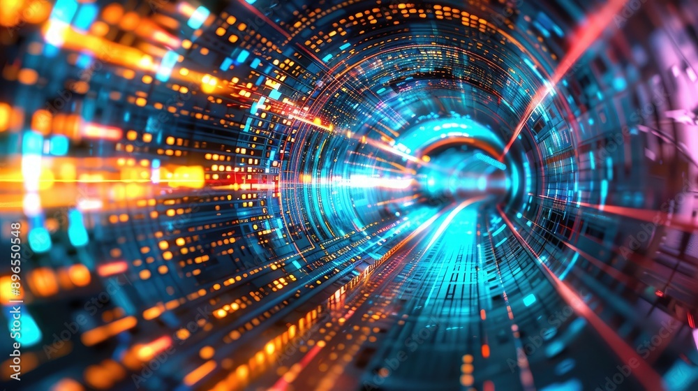 Fototapeta premium An abstract digital tunnel with flowing data and bright colors.
