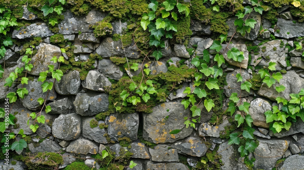 An ancient stone wall covered with moss and ivy, revealing the passage of time and nature's reclaim. An ancient stone wall covered with moss and ivy, revealing the passage of time and nature's reclaim.