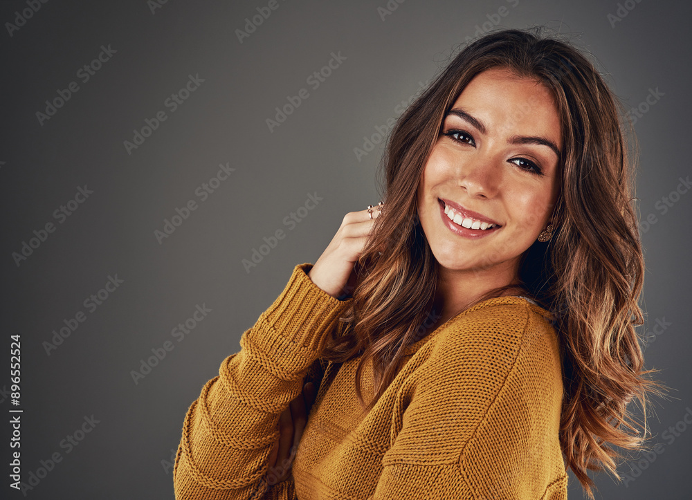Obraz premium Hair care, smile and portrait of woman in studio with volume, salon and routine for shine. Beauty, confident and person with collagen treatment for scalp hydration for hairstyle by gray background.