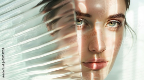 Concept of advertising healthy skin,beauty and cosmetology. Model hidden behind mirror pattern. Beautiful girl face. Glitched and corrupted female face.