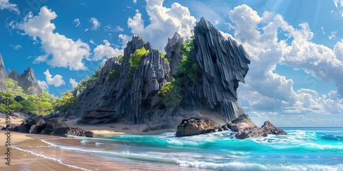 towering, jagged, dark gray rock formation on the beach