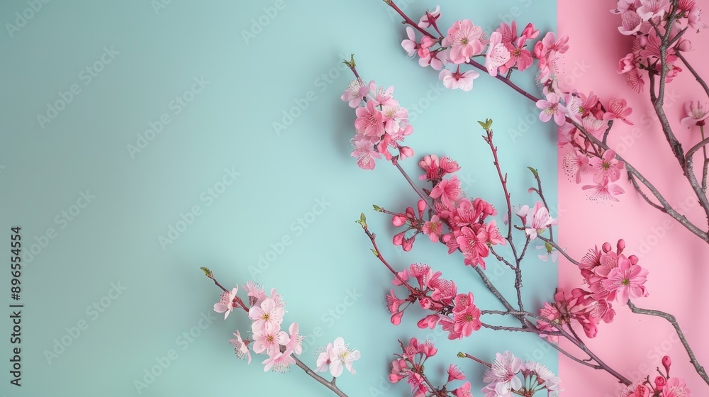 Cherry blossom tree photo on pastel background flat lay view with space seasonal scenery Cherry blossom tree photo on pastel background flat lay view with space seasonal scenery