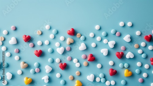 Colorful heart shaped pills on blue background with paper stickers for health choices