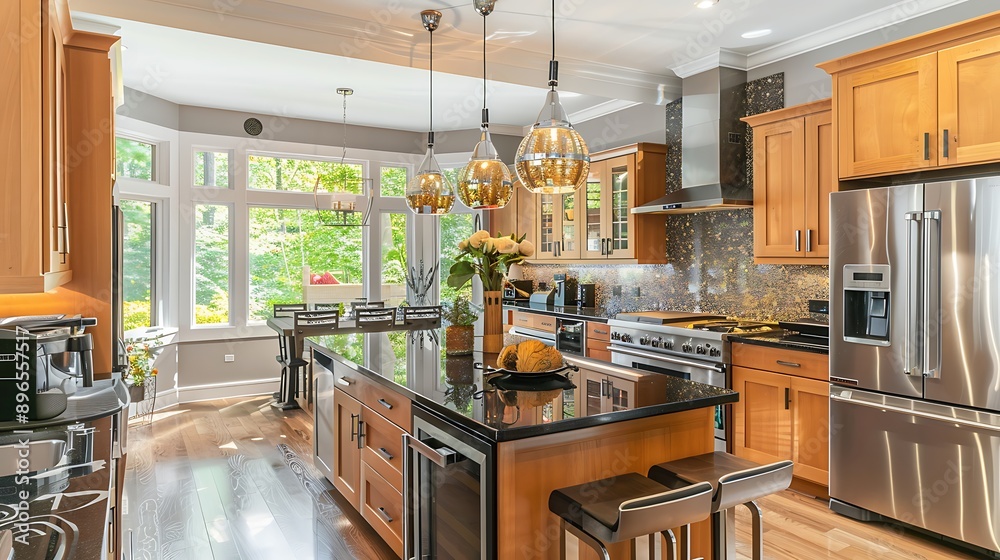 A designer kitchen with stainless steel appliances, black granite countertops, and a central island illuminated by modern pendant lights A designer kitchen with stainless steel appliances, black granite countertops, and a central island illuminated by modern pendant lights