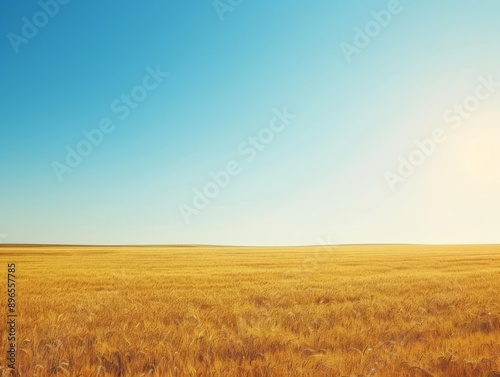 Golden wheat field with clear blue sky on background. Agriculture, farming, harvest concept landscape