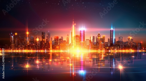 Cyberpunk skyline with neon tech overlays, vibrant and dynamic abstract vector background  © bteeranan