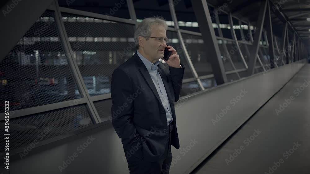 A businessman is walking through a modern urban bridge while talking on the phone A businessman is walking through a modern urban bridge while talking on the phone