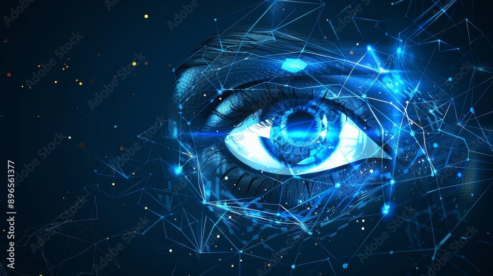 Fototapeta premium Depict a human android with a cyborg eye, showcasing futuristic control and protection for personal internet security access. The design should illustrate a robot DNA system and future scientific tech