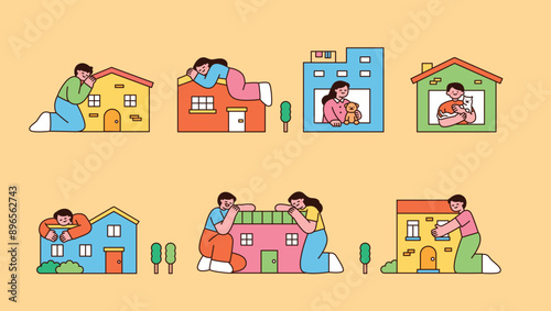 People are hugging the building and being happy. Small house and big person character concept. outline simple vector illustration.