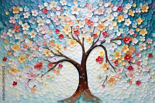 Colorful 3d design illustration floral tree with hanging branches on leaves and flowers. This background is perfect for 3d interior mural wall decor wallpaper. 

