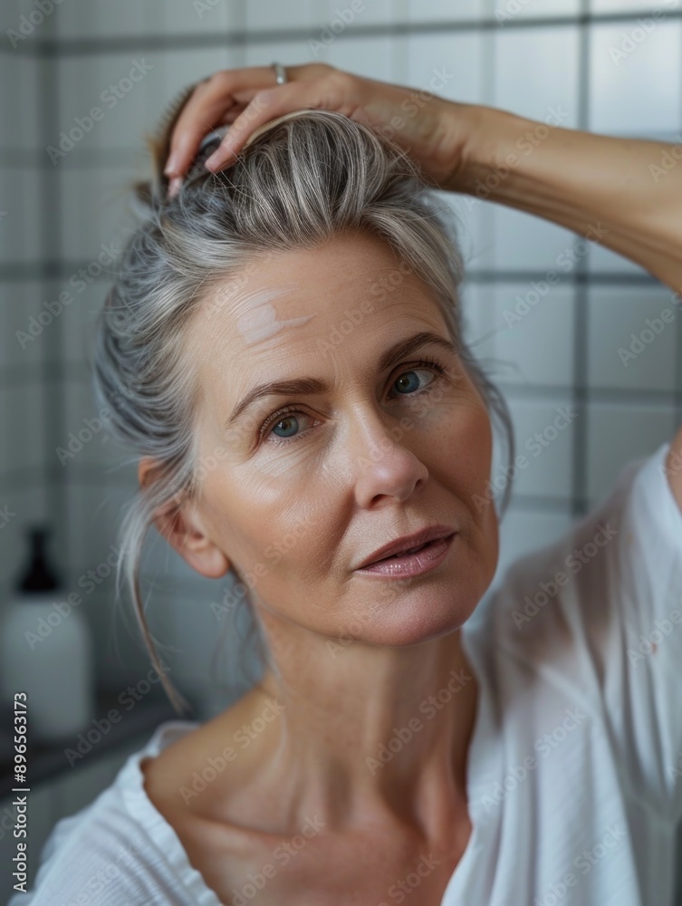 Fototapeta premium A woman with a white shirt brushes her hair in a relaxed moment
