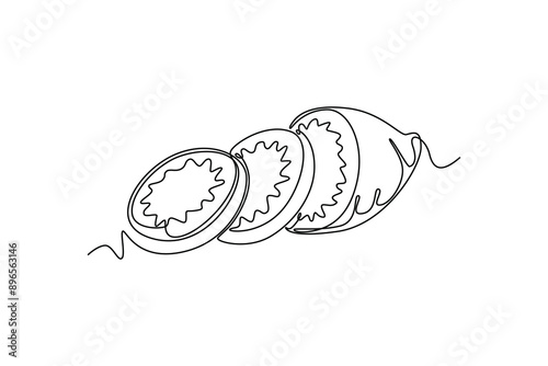 Continuous one line drawing of whole and sliced health organic sweet potato for farm logo identity. Fresh tuberous concept for horticultural icon. Single line draw design vector graphic illustration