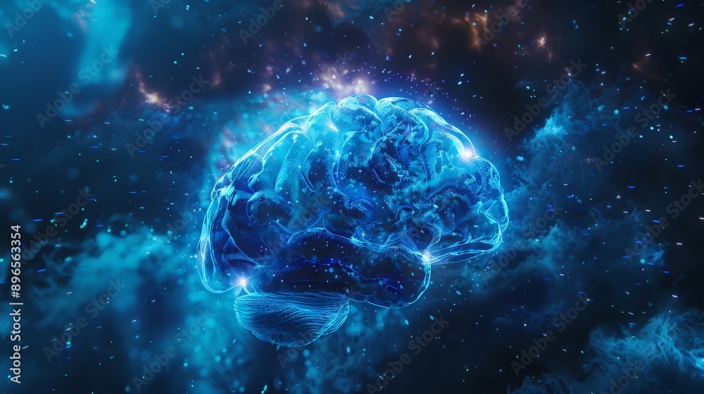 Illustration of brain with blue energy and electricity in sci-fi style, simple background design Illustration of brain with blue energy and electricity in sci-fi style, simple background design