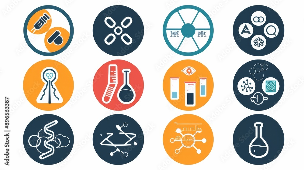 Design a science icon set featuring miscellaneous vector icons such as radiation, biohazard, microscope, DNA, and test tube. The set should have a modern design suitable for infographic templates and Design a science icon set featuring miscellaneous vector icons such as radiation, biohazard, microscope, DNA, and test tube. The set should have a modern design suitable for infographic templates and