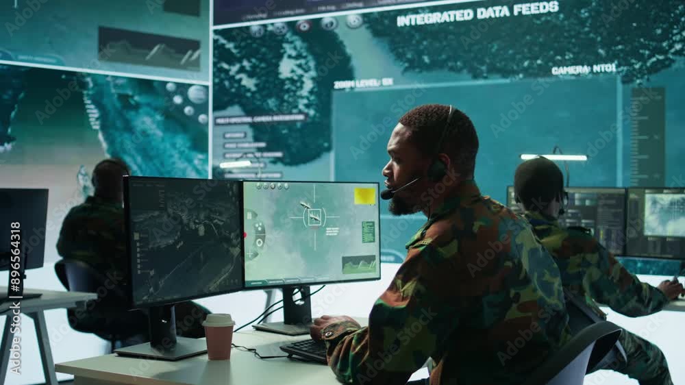 Soldiers in a state of the art military control room collaborate on data analysis, intelligence gathering, and mission planning. Ensure effectiveness and security of military operations. Camera B.