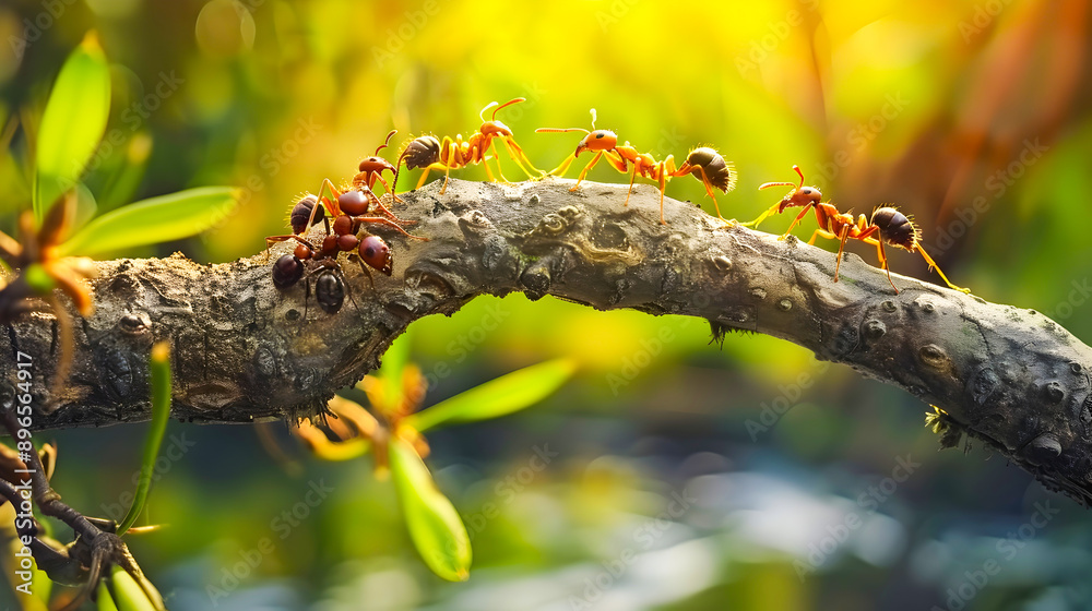 Obraz premium A close up view of a group of ants working together to construct a bridge on a twig showcasing their remarkable teamwork and to overcome obstacles and achieve a common goal