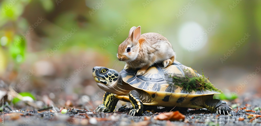 Unusual but Captivating Scene of a Turtle Carrying a Rabbit on Its Back in a Lush Forest Wilderness Setting Showcasing an Unexpected and Whimsical Interspecies Encounter Unusual but Captivating Scene of a Turtle Carrying a Rabbit on Its Back in a Lush Forest Wilderness Setting Showcasing an Unexpected and Whimsical Interspecies Encounter