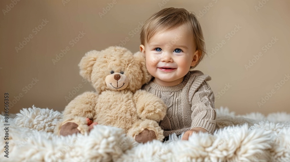 Adorable baby holding a teddy bear while sitting on a fluffy rug, smiling happily in a cozy setting. Adorable baby holding a teddy bear while sitting on a fluffy rug, smiling happily in a cozy setting.
