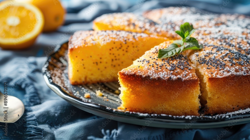 Vegan citrus cake with poppy seeds on blue linen closeup with copy space Vegan citrus cake with poppy seeds on blue linen closeup with copy space