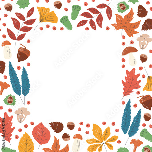 Square frame concept with different foliage. Borders full of cute autumn leaves with copy space. Various colorful fall fruitage and tree elements. Seasonal hand drawn flat vector illustration isolated