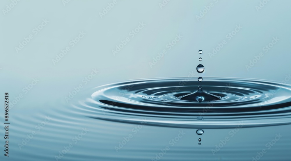 Water drop falling with beautiful ripples and reflection on a light blue background, wide banner with copy space area for design or text. Water drop falling with beautiful ripples and reflection on a light blue background, wide banner with copy space area for design or text.