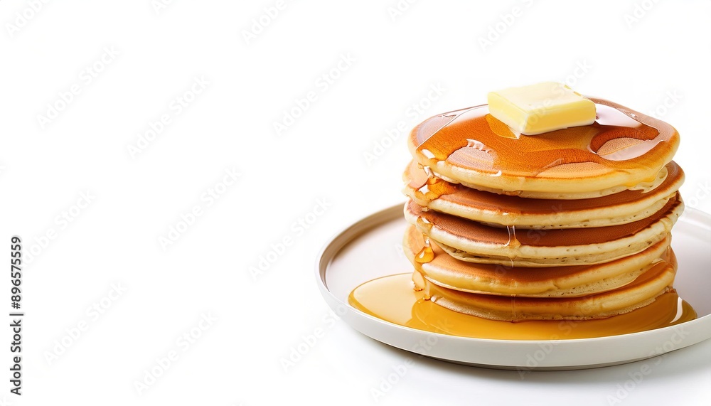 Homemade stack of fluffy tasty pancakes with crispy crust edge, and a pad of butter and syrup, tasty food on a plate, isolated on white background Homemade stack of fluffy tasty pancakes with crispy crust edge, and a pad of butter and syrup, tasty food on a plate, isolated on white background