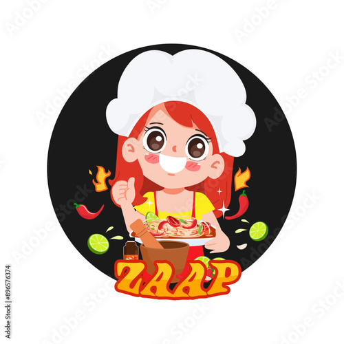 Cute chef with Papaya Salad banner logo cartoon art illustration