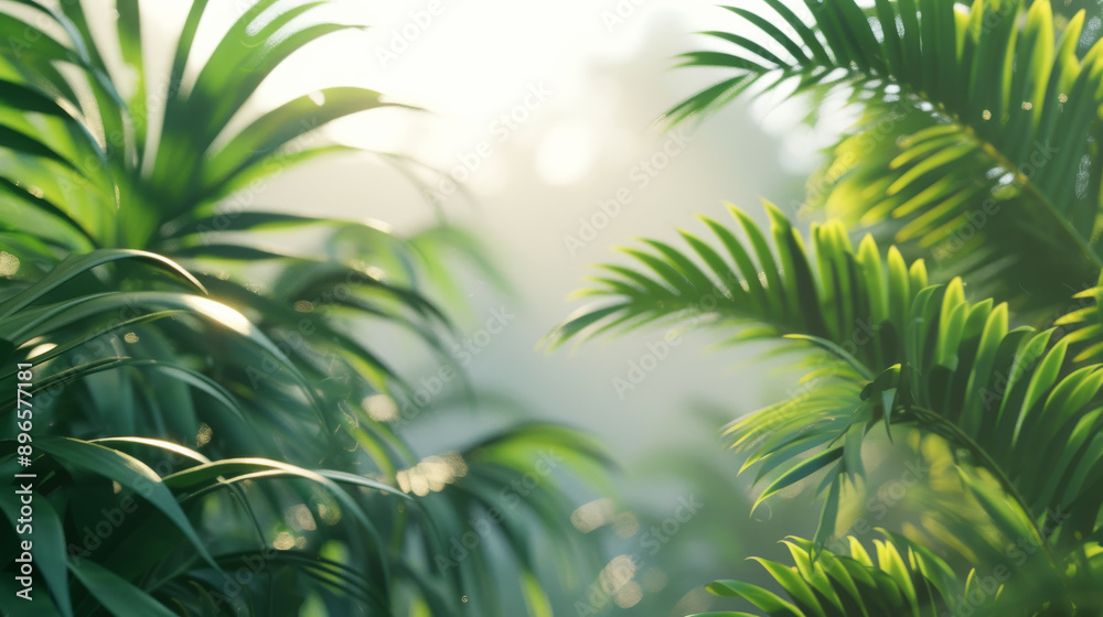 Sunlit tropical palm leaves in a lush Sunlit tropical palm leaves in a lush