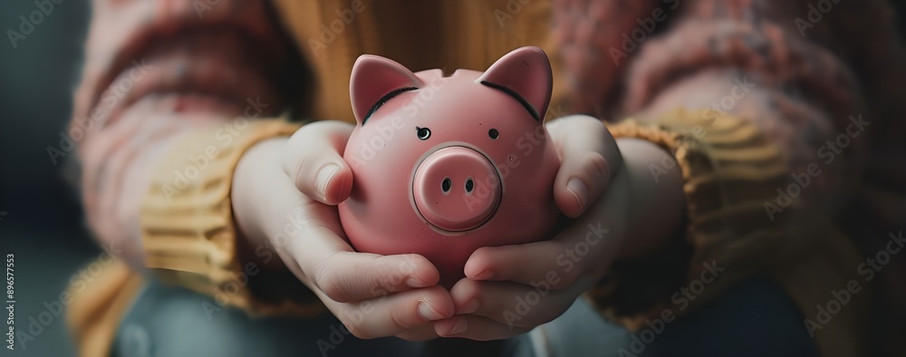 A person holding an adorable pink piggy bank, with the focus on their hands and the cute face of the ceramic figure.
A person holding an adorable pink piggy bank, with the focus on their hands and the cute face of the ceramic figure.