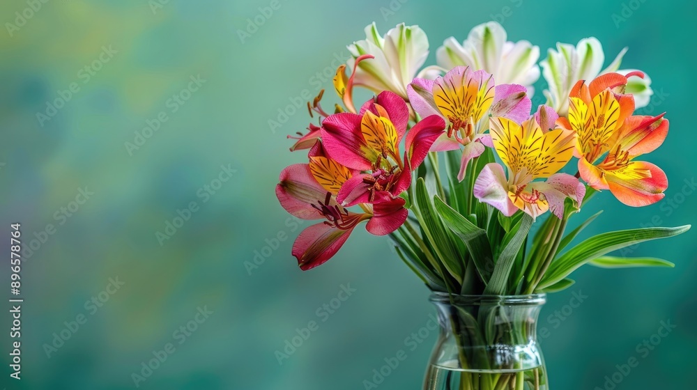 Obraz premium Colorful Alstroemeria flowers in vase with green background Bright Peruvian Lilies ideal for design with space