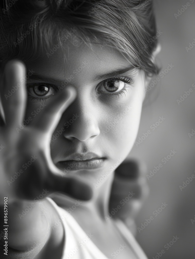Fototapeta premium A young girl holds up a makeshift stop sign with her hand, indicating a halt or pause