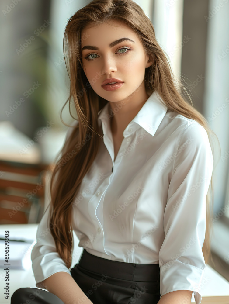 A beautiful business woman in a shirt is in the office A beautiful business woman in a shirt is in the office