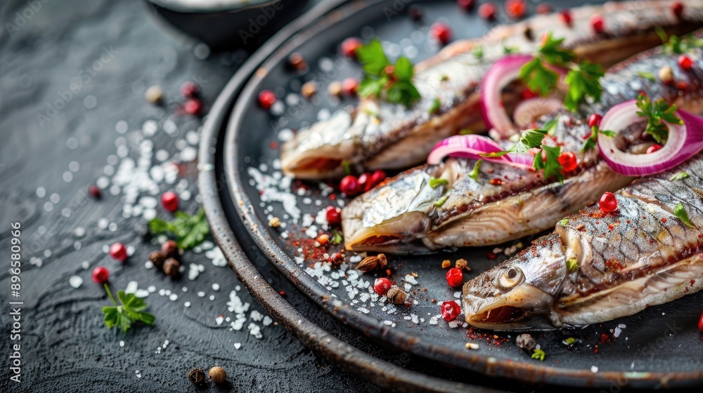 Sliced salted herring with spices onions and healthy fats on a plate Omega 3 rich fish on dark background Healthful meal option Sliced salted herring with spices onions and healthy fats on a plate Omega 3 rich fish on dark background Healthful meal option