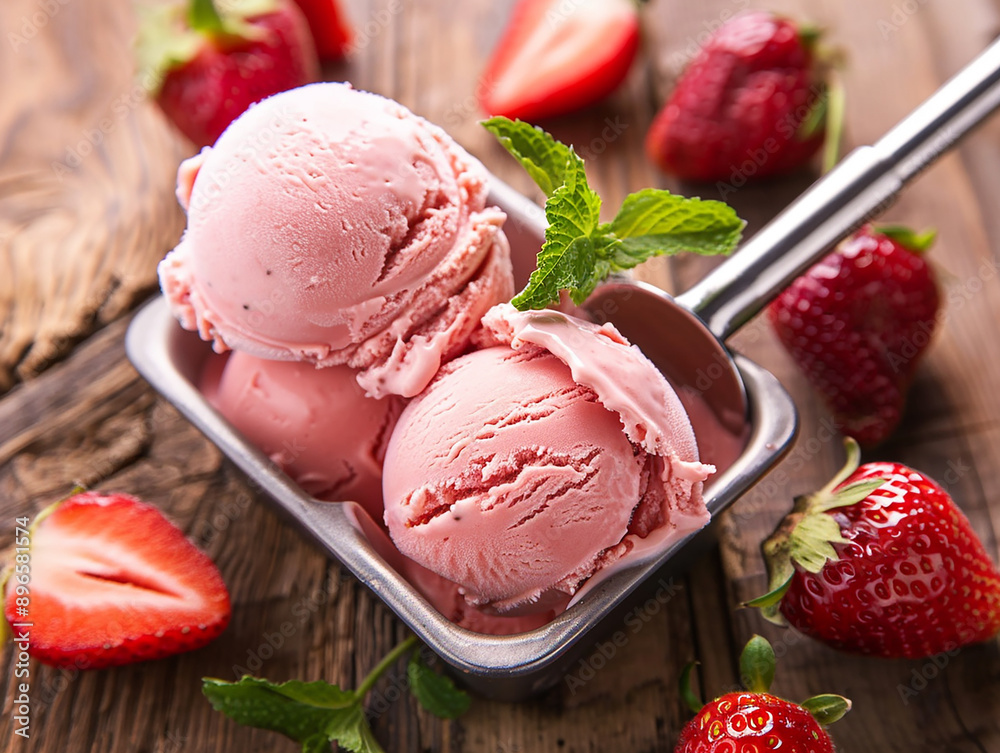 Fresh Strawberry Ice Cream with Whole Strawberries in Rustic Setting Fresh Strawberry Ice Cream with Whole Strawberries in Rustic Setting