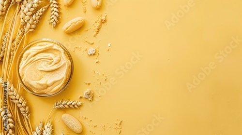 Wheat spread on yellow backdrop with empty space in middle