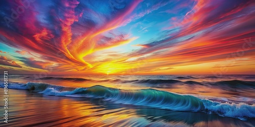 Fototapeta Naklejka Na Ścianę i Meble -  Vivid abstract landscape featuring colorful waves and a mesmerizing sunset , abstract, landscape, colorful, waves