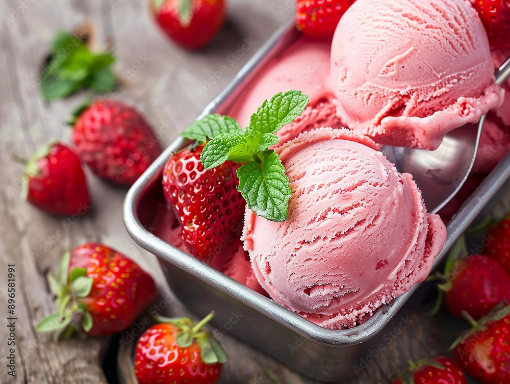 Delicious Vanilla Ice Cream with Berry Swirl in Scoop Delicious Vanilla Ice Cream with Berry Swirl in Scoop