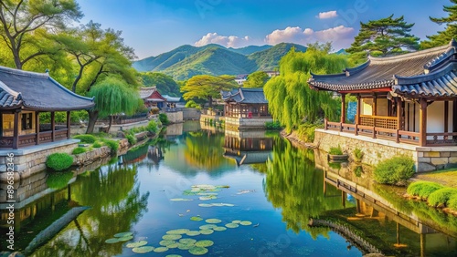 Beautiful landscape of Cheongsando, with lush greenery, serene water, and traditional Korean architecture, Cheongsando