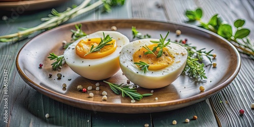 Egg cut in half with seasonings and herbs on a plate, food, ingredient, cooking, culinary, fresh, breakfast, healthy, protein