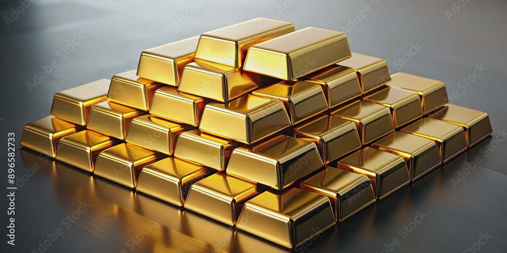 Shiny gold bars stacked neatly on a reflective surface , finance, banking, precious metals, trade, investment, wealth Shiny gold bars stacked neatly on a reflective surface , finance, banking, precious metals, trade, investment, wealth