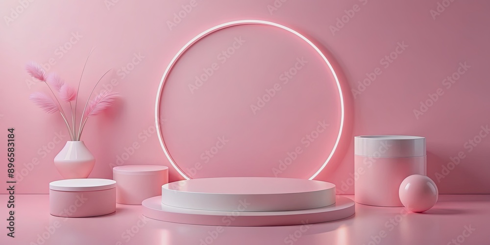Pink scene with geometric shapes and minimal style, featuring an empty product display with a light circle in the background Pink scene with geometric shapes and minimal style, featuring an empty product display with a light circle in the background