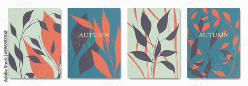 Botanical autumn poster set with abstract set of leaves and grass. Set of modern fall background designs, for decor, postcard, social media, poster, advertising, sales.