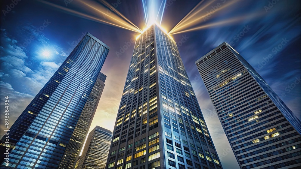 Towering skyscraper at night with warm interior lights and bright beam extending into dark sky, skyscraper, night Towering skyscraper at night with warm interior lights and bright beam extending into dark sky, skyscraper, night