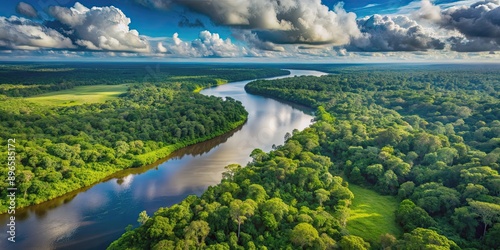 A breathtaking view of the winding Negro River surrounded by lush rainforest in the Amazon region, Amazon, river