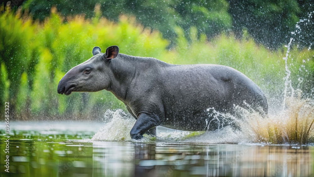 Fototapeta premium Tapir splashing in the water during a heavy rainstorm , tapir, animal, wildlife, running, water, rain, storm, nature, outdoors